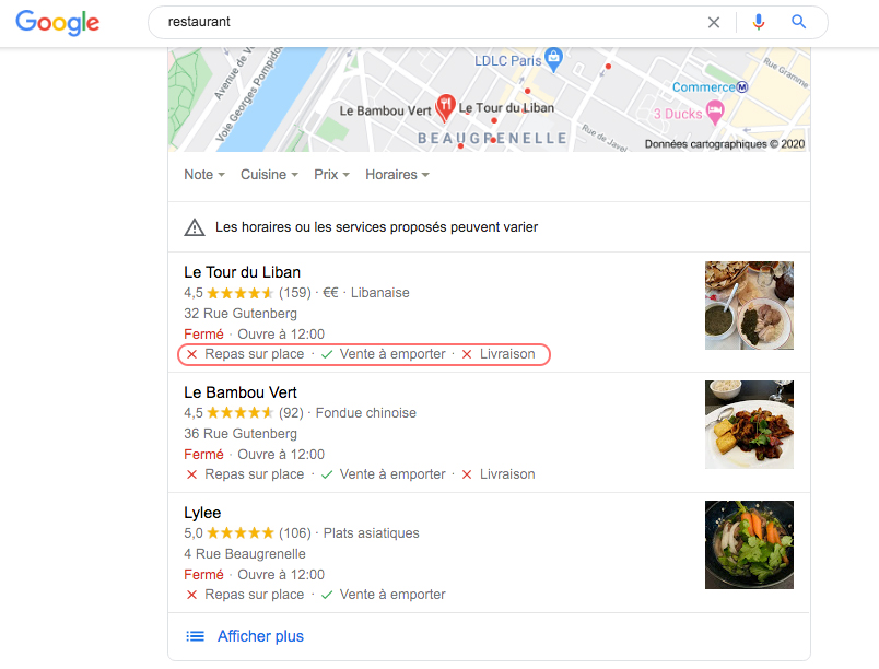 Attributs Google de restaurant