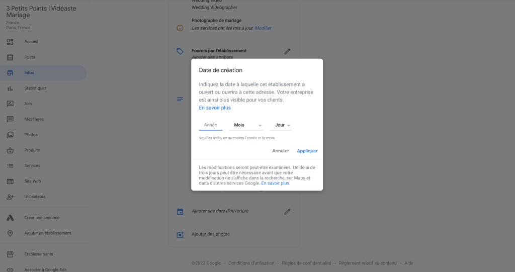 date de création fiche google business